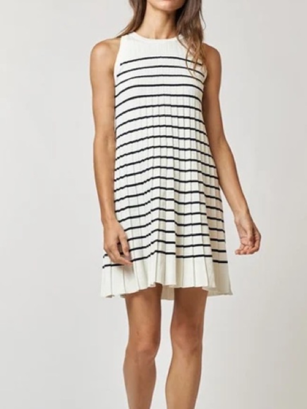 Sleeveless White Dress with Black Stripes - Casual Mini Swing
